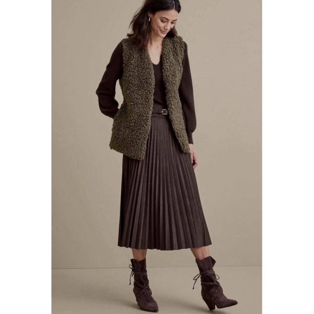 Soft Surroundings Lavina Faux Suede Pleated Stretch Skirt Belted Dark Brown S